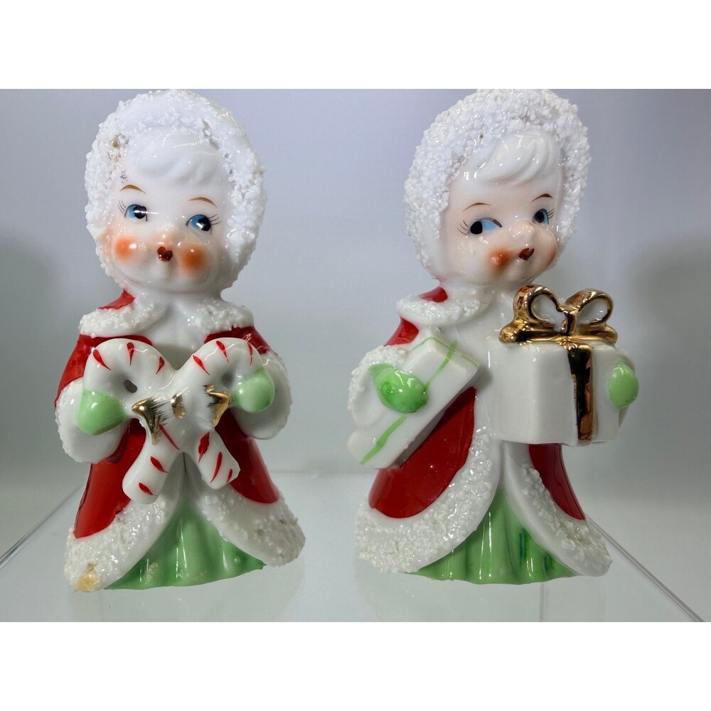 2 Vintage JAPAN 4" Enesco Christmas Girls Mini Spaghetti Figurines